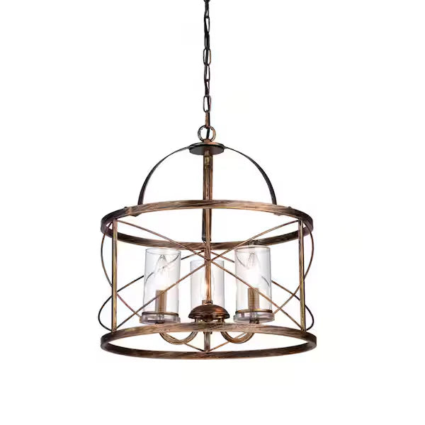 3-Light Brushed Copper Lantern Style Drum Chandelier