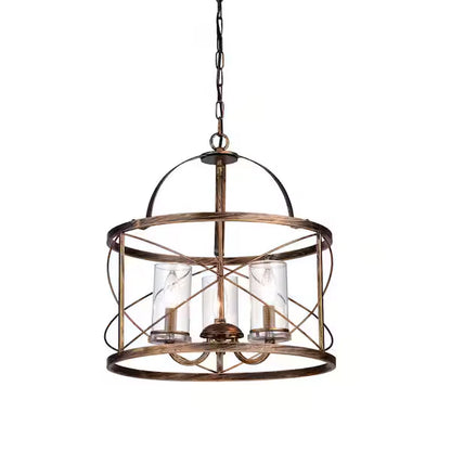 3-Light Brushed Copper Lantern Style Drum Chandelier