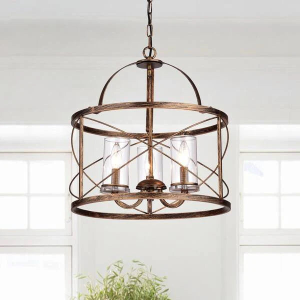 3-Light Brushed Copper Lantern Style Drum Chandelier