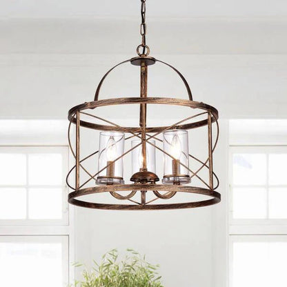 3-Light Brushed Copper Lantern Style Drum Chandelier
